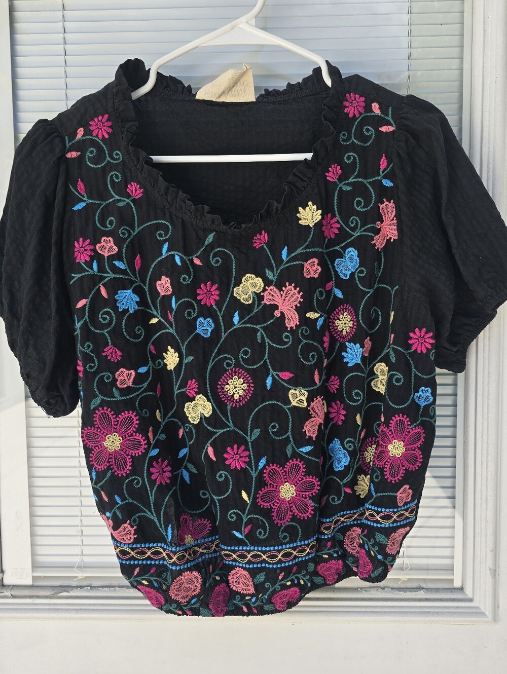 Savanna Jane Black Floral Peasant Top - Vibrant Multicolor Accents